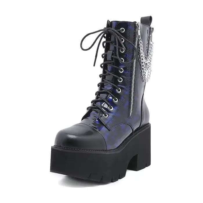 Gdgydh – bottes de Combat bleues à plateforme épaisse pour femmes, mi-mollet, chaînes, décoration en