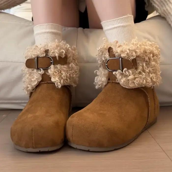 Bottines de neige de luxe en molleton avec boucle en métal pour femme, bottines plates et confortabl