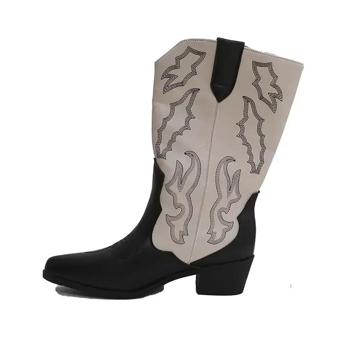 Bottes de Cowboy occidentales brodées pour femmes, chaussures longues de chevalier à talons épais, à