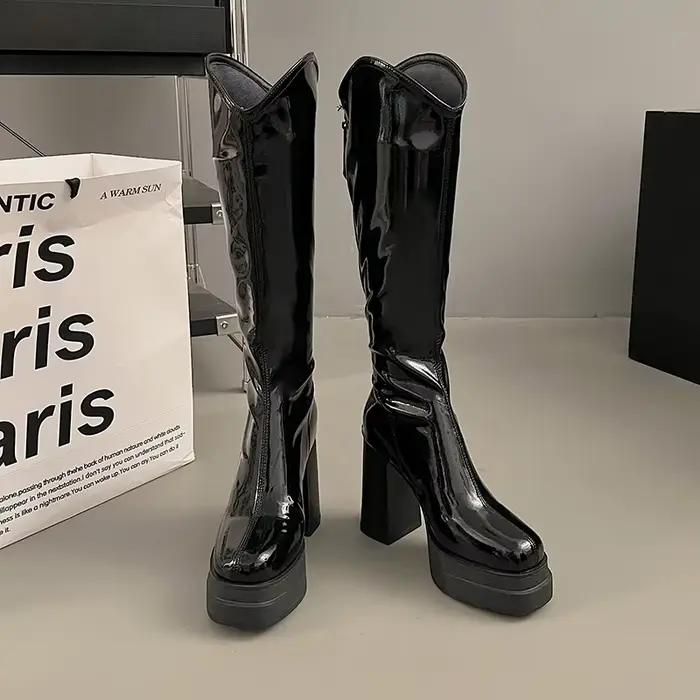 Bottes pour femmes mode confortable noir blanc botte haute en cuir souple talon épais bottes longues