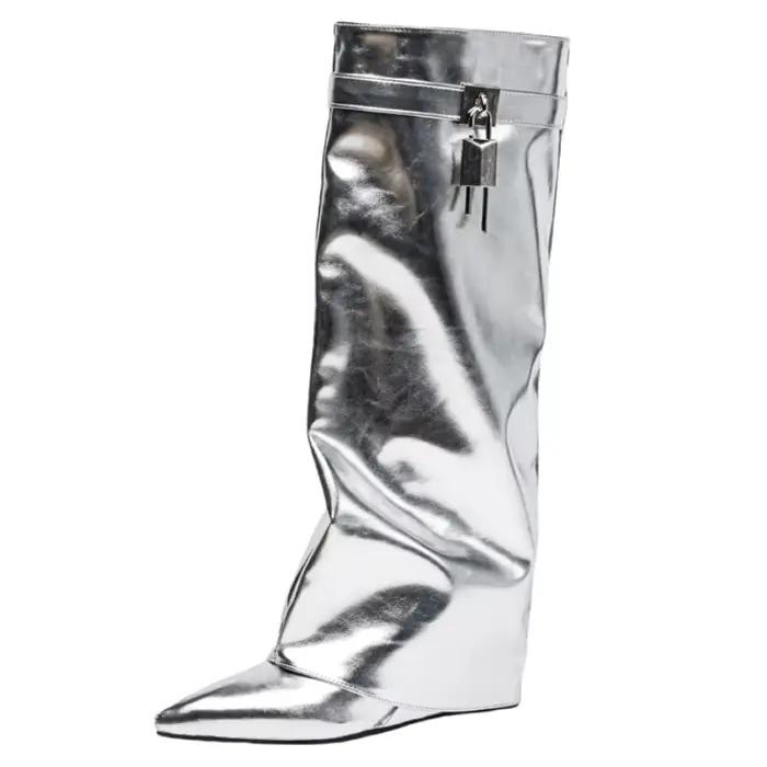 Bottes hautes compensées Sexy pour femmes, chaussures de soirée à talons longs argentés et dorés, gr