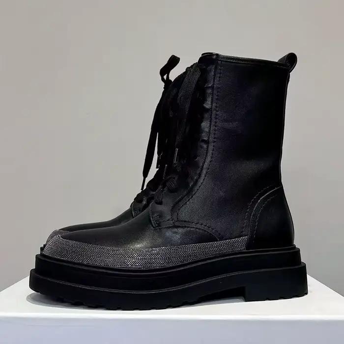 Bout rond en cuir véritable à lacets plat fond épais cheville Botas femmes chaîne perle décor bottes