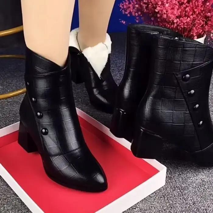 Bottes de rinçage à talons carrés pointus pour femmes, bottes courtes noires pour dames, robe de soi