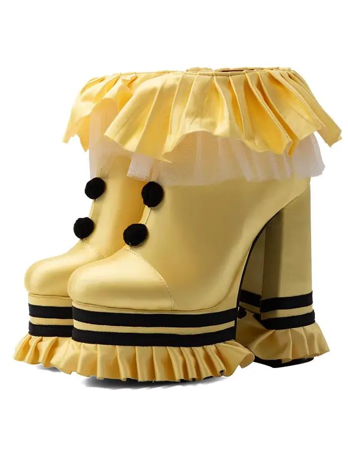 Bottines à plateforme en satin 2026 pour femme, avec empeigne lisse, talons épais, style Lolita, pom
