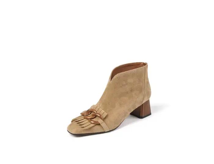 Bottines en daim de mouton pour femme, à bout carré, talon carré, mi-talon, à franges, avec fermetur