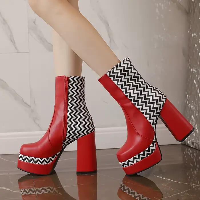 Bottes Courtes à Rayures Imprimées de Style Coréen pour Femme, Chaussures à Plateforme, Très Hautes 