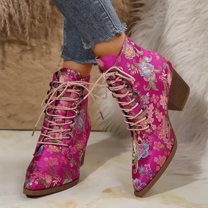 Bottines ethniques à bout pointu pour femmes, chaussures à talons à plateforme brodée, mode printemp