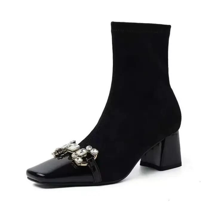 Bottines à boucle en strass pour femmes, bout carré, panneaux en daim, talons antidérapants et résis
