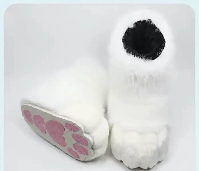 Bottes confortables pour femmes, blanches, en fourrure, à pattes de chat, pour cosplay, avec coussin