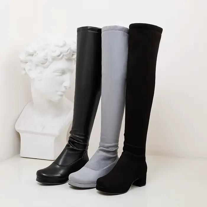 Bottes à talons épais en PU, bottes à manches élastiques, courtes, en peluche, synthétiques, extensi