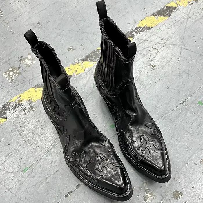 Bottines Chelsea brodées en cuir noir pour hommes, bottines à bout pointu, chaussures de luxe tendan