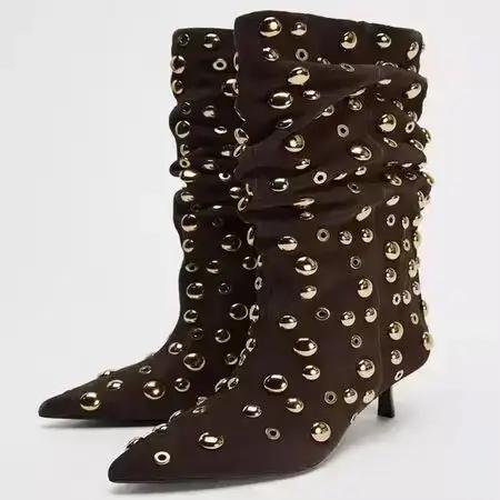 Bottes de banquet pointues à talons hauts pour femmes, bottes plissées décorées de rivets sexy, mode