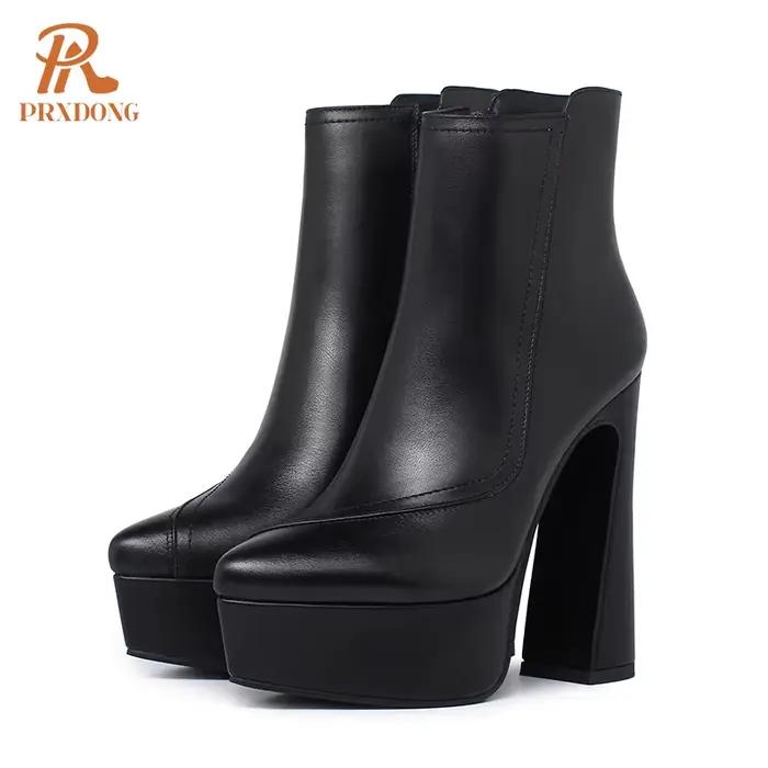 Bottes de rinçage en cuir véritable pour femmes, talons hauts sexy, plateforme optique, noir, beige,