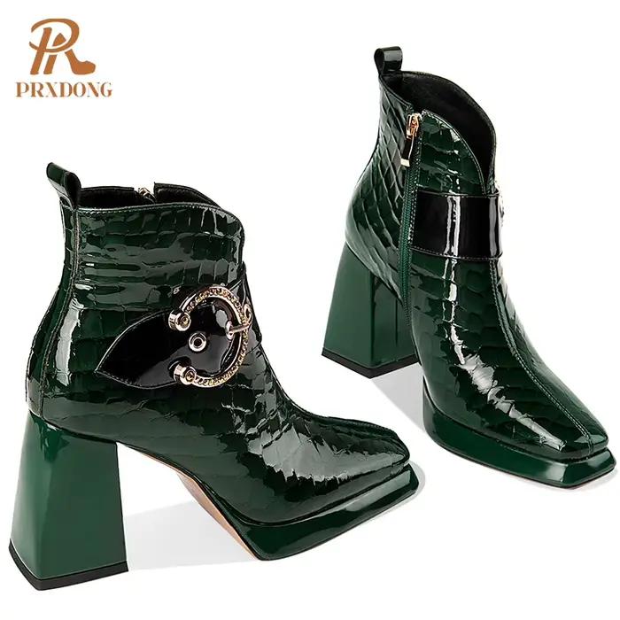 Bottines en cuir véritable pour femme, chaussures de haute qualité, talons hauts, plateforme à boucl