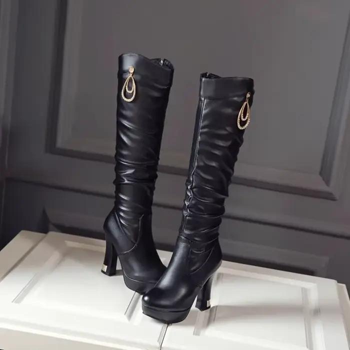 Genou bottes hautes femmes Sexy mode côté fermeture éclair bout rond hiver chaud en peluche blanc no