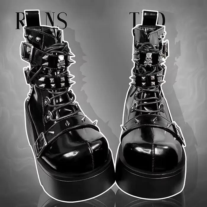 Femmes Punk bottes en cuir PU Rivet boucle conception chaussures Cool rétro grosses compensées plate