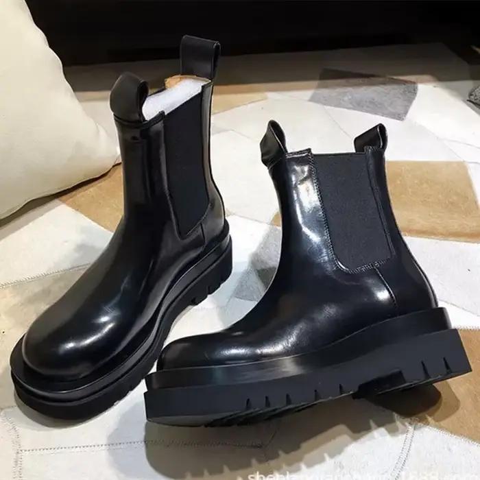 Bottines en cuir noir pour femme, chaussures à plateforme, bout rond, talon épais, confortables, ant
