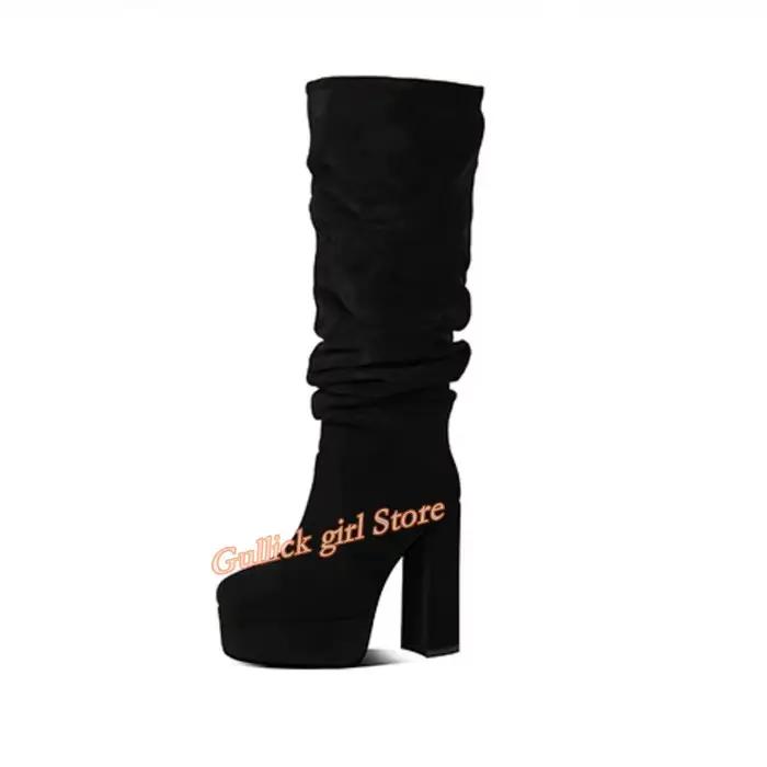 Bottes hautes plissées en daim noir à talon carré et plateforme, bout rond, style défilé, collection