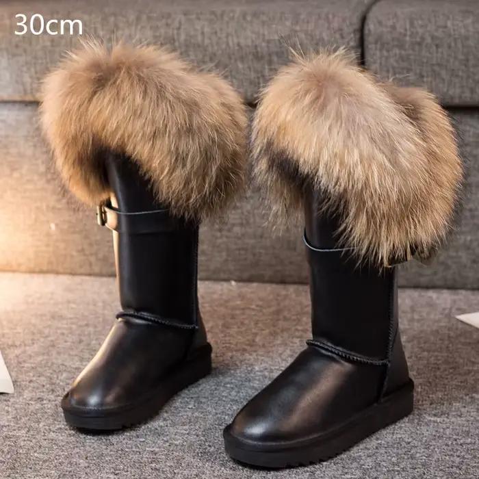 Bottes de neige imperméables en cuir de vache pour femme, 100% vraie fourrure de raton laveur, fourr