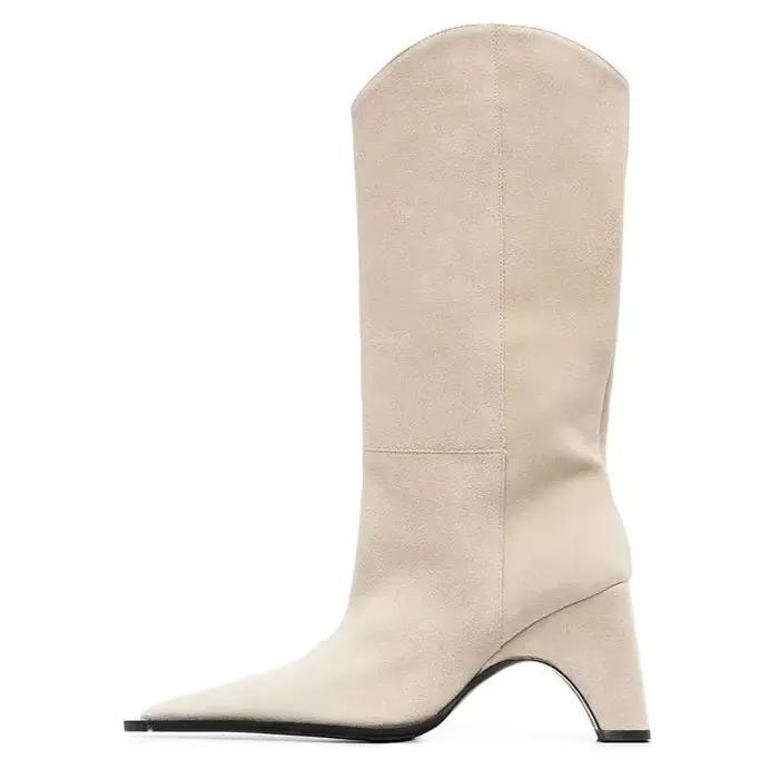 Bottes mi-mollet pointues à talon en forme rétro pour femmes, cuir, denim, mode européenne et améric