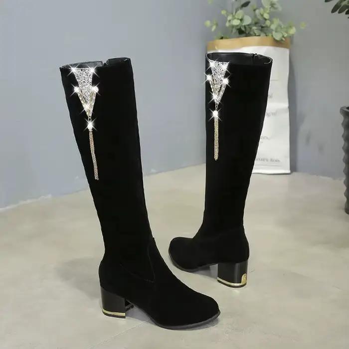 Bottes de chevalier rétro à talons hauts avec fermeture éclair pour femmes, bottes longues au genou,