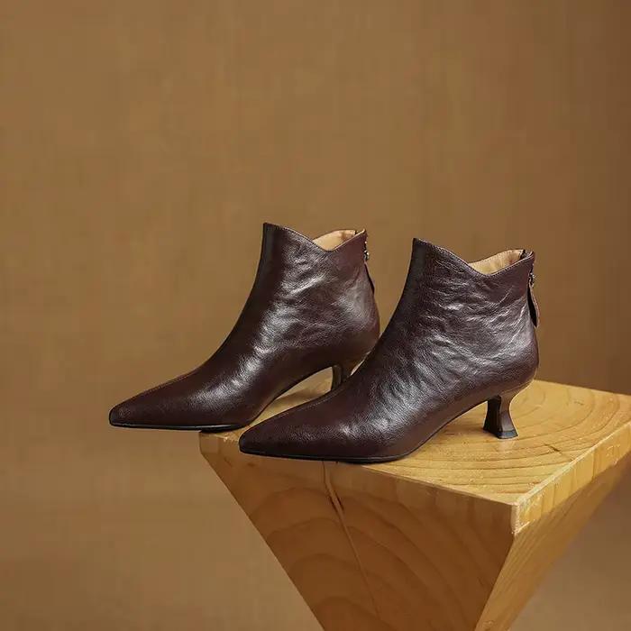 Bottines Femme Vintage Printemps 2026 à Bout Pointu, Talon Épais Tendance, Chaussures Courtes Élégan