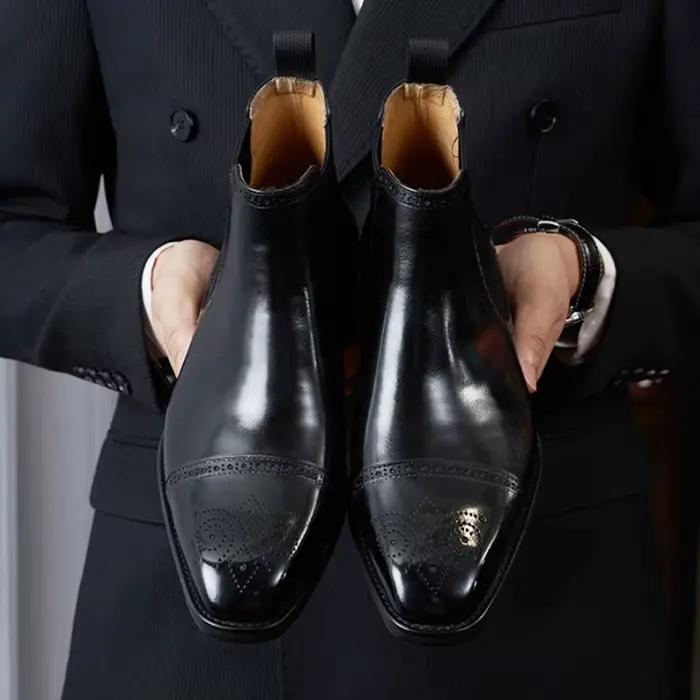 Nouvelle Arrivée : Bottines Chelsea Vintage pour Hommes en Cuir Véritable, à Bout Rond Sculpté, Talo