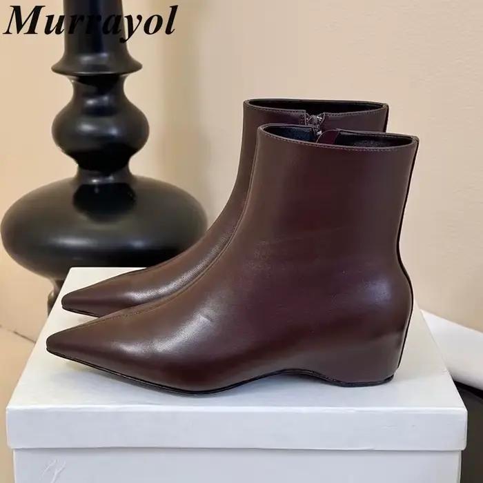 Femmes talon épais bottes courtes en cuir véritable bout pointu fermeture éclair conception cheville