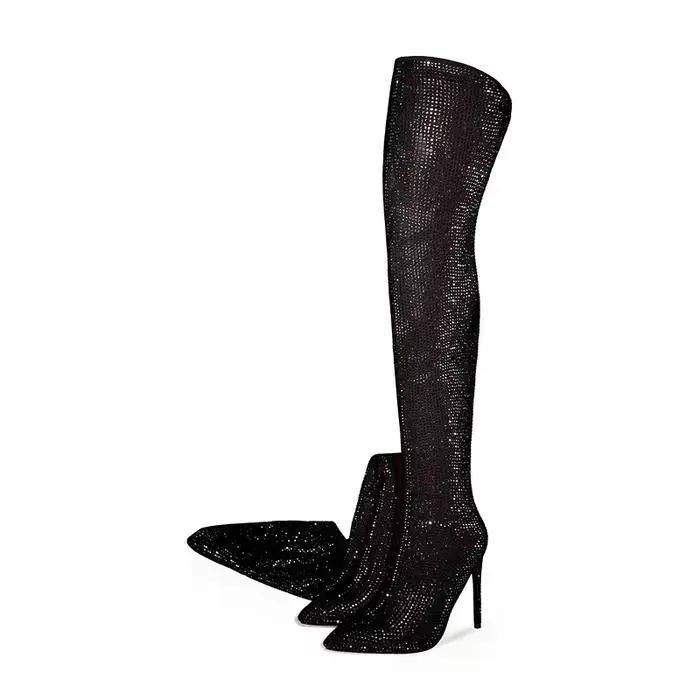 Bottes longues à talons hauts pour femmes, argent, biscuits noir, brillant, diamant pointu, bottes a