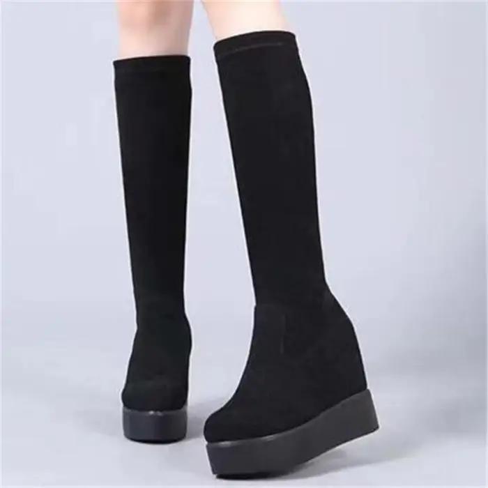 Automne hiver chaud compensées genou bottes hautes augmentation intérieure femmes bout rond bottes é