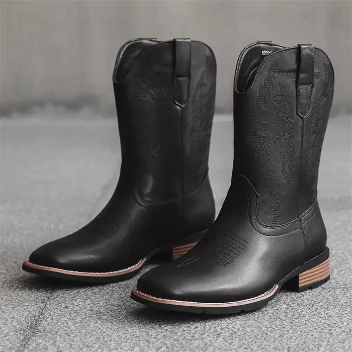 Bottes de cowboy occidentales rétro classiques pour hommes, chaussures en cuir mi-mollet brodées, ha