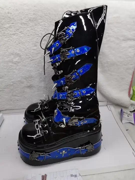 Bottes à rivets noirs et bleus pour femmes, chaussures à bout rond, plateforme, croisées, en cuir ve