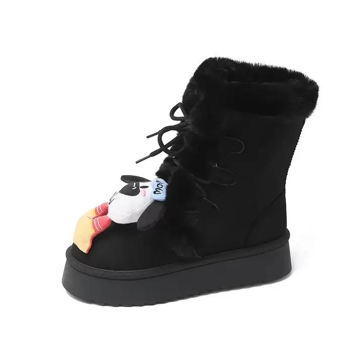 Bottes de neige mignonnes de dessin animé pour femmes, bottes de neige à lacets à fond épais, en Fau