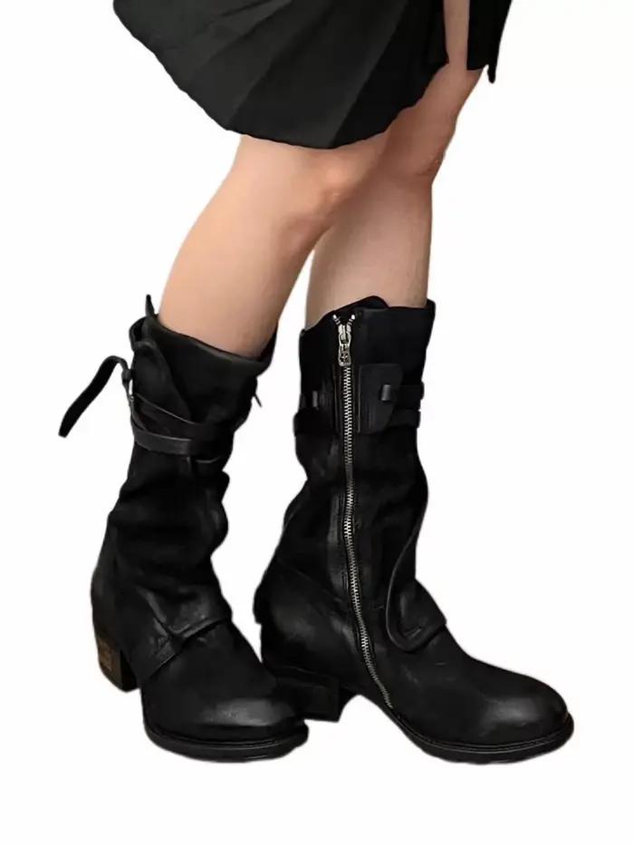 Bottes noires à boucle de ceinture pour femmes, bottes de cowboy vintage mi-mollet, bout rond, ferme