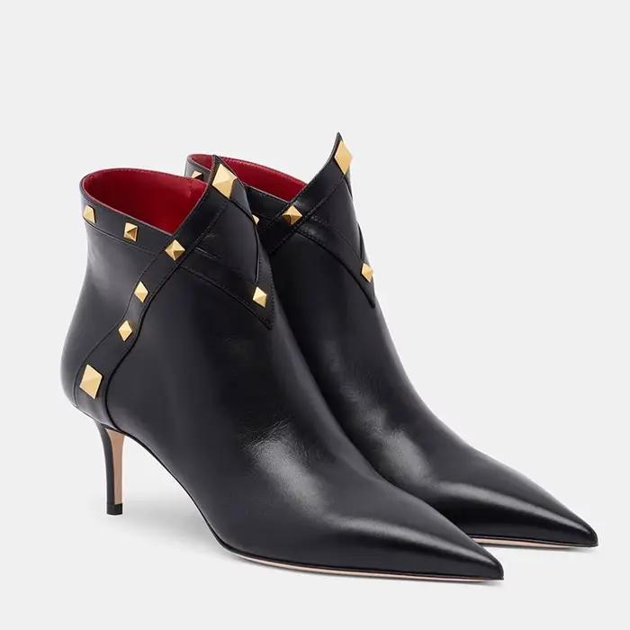 Bottines à talon aiguille pointu en cuir pour femme, style pyramide dorée, noires et blanches, vinta