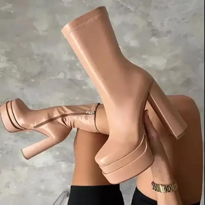 Bottes à plateforme en cuir pour femmes, talons super hauts, chaussures de luxe pour dames, haute qu