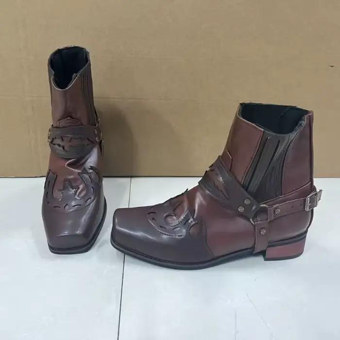 Bottes de cowboy occidentales pour hommes, bottines à bout carré, broderie rétro, bottes en cuir pou