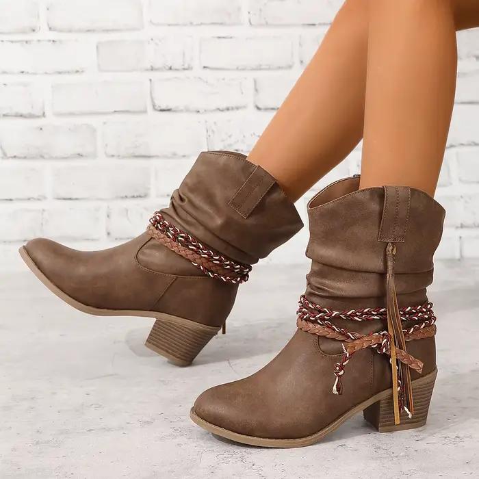 Plissé frangé talons épais talons hauts bottes à franges tresses bout rond bottes mi-hautes européen