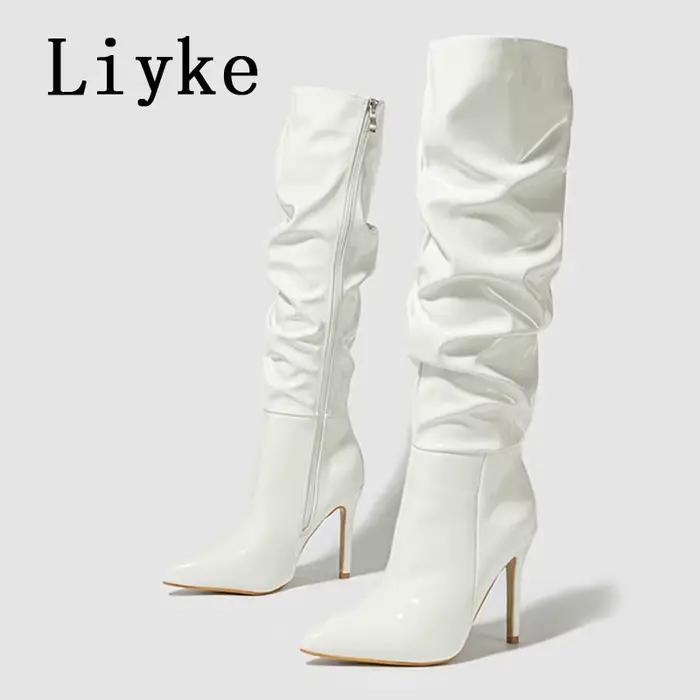 VEYKE-Bottes Hautes en Cuir Verni Plissé pour Femme, Chaussures de Soirée à Talons Aiguilles, Rouge,