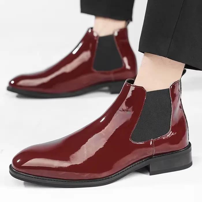 Bottines Chelsea pour hommes en cuir verni noir boucle cheville bout rond affaires classique à la ma