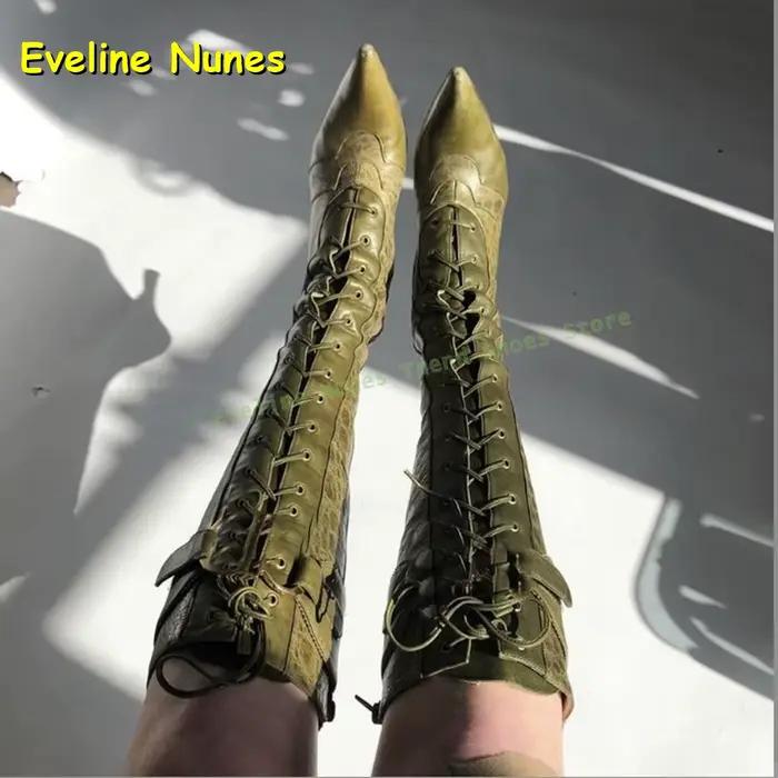 Bottes hautes nouées en croix rouge, bout pointu, couleurs mélangées, bottes Sexy épicées pour fille