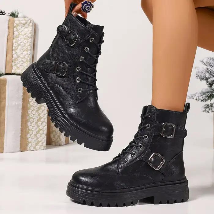 Bottines de Combat à plateforme noire pour femmes, bottines de moto antidérapantes en cuir PU avec s