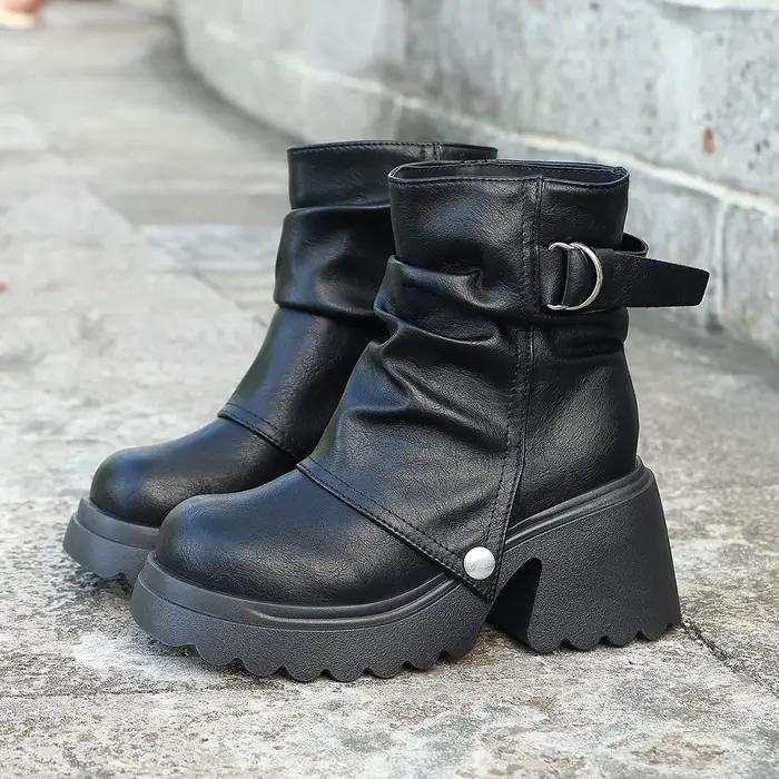 Bottines gothiques noires à plateforme épaisse pour femme, chaussures courtes Punk avec boucle de ce