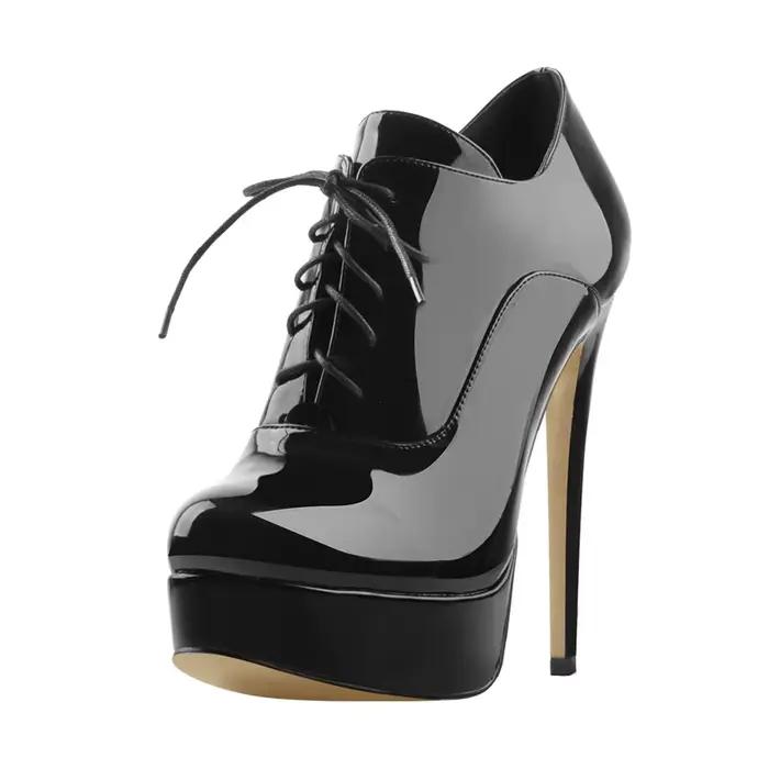 Bottines à plateforme noires pour femmes, talons hauts, à lacets, en cuir verni, talons aiguilles, b