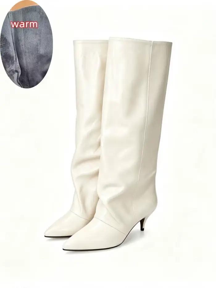 Bottes hautes d'hiver pour femmes, bout pointu, talon kitten, finition brillante, chaussures moderne