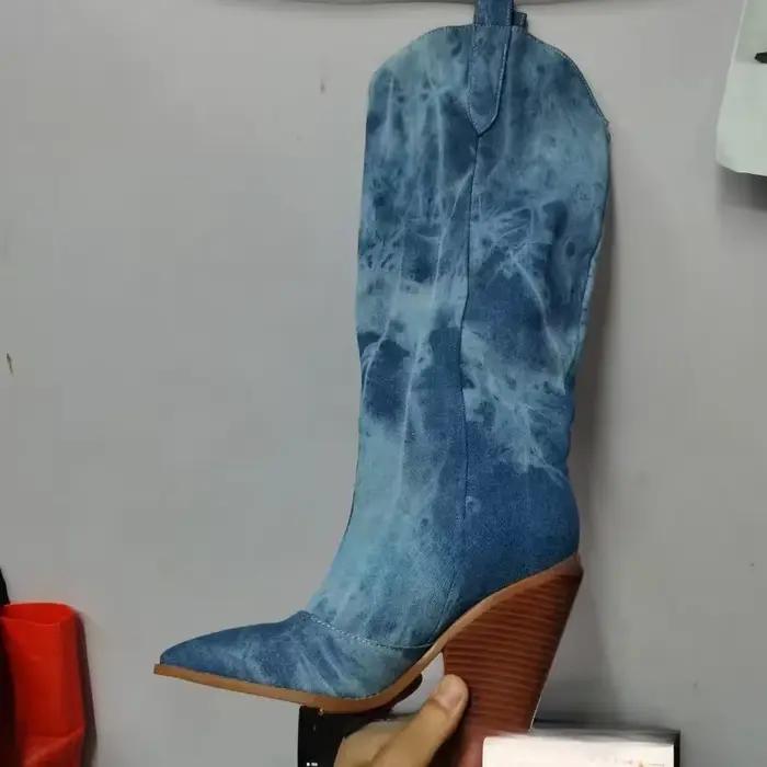 Nouvelles Bottes Hautes en Jean pour Femme 2026 – Chaussures Tendance à Talon Carré, Bout Pointu et 