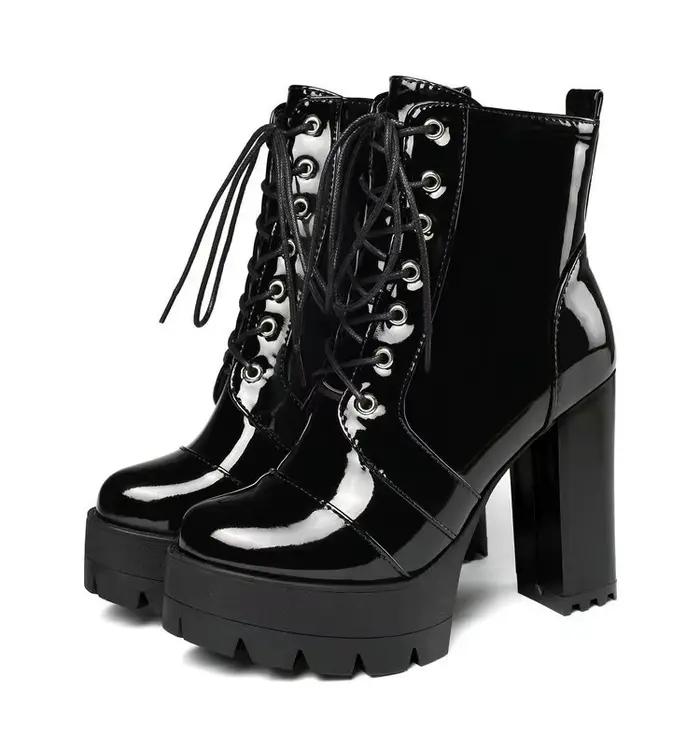 Bottes à talons ultra-hauts pour femmes, bout rond, plateforme épaisse imperméable, bottes à lacets 