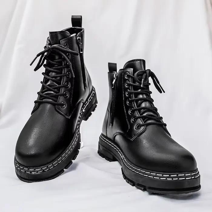 Bottes de travail noires à tige haute de style britannique, bottes à plateforme rehaussantes pour l'