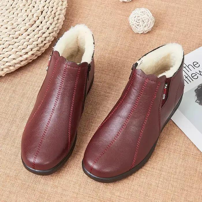 Chaussures en cuir souple pour femmes, botte en peluche, coton spinal, à semelle souple, à laisse mo
