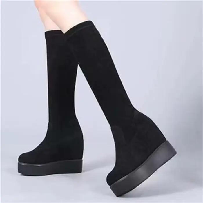 Automne hiver chaud compensées genou bottes hautes augmentation intérieure femmes bout rond bottes é
